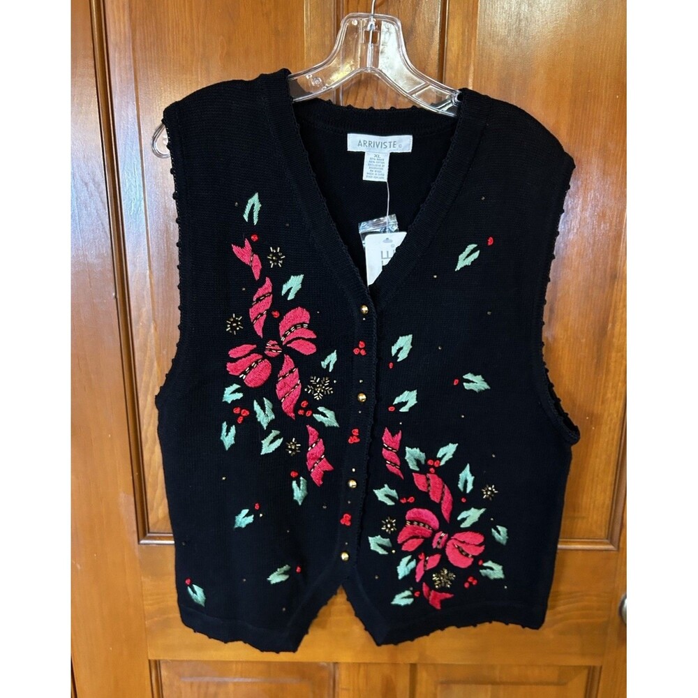 New With Tag Arriviste Christmas Sweater Vest Beaded Holly Bows XL Vintage Y2K